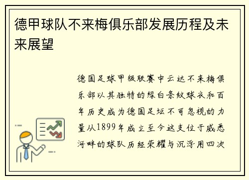 德甲球队不来梅俱乐部发展历程及未来展望